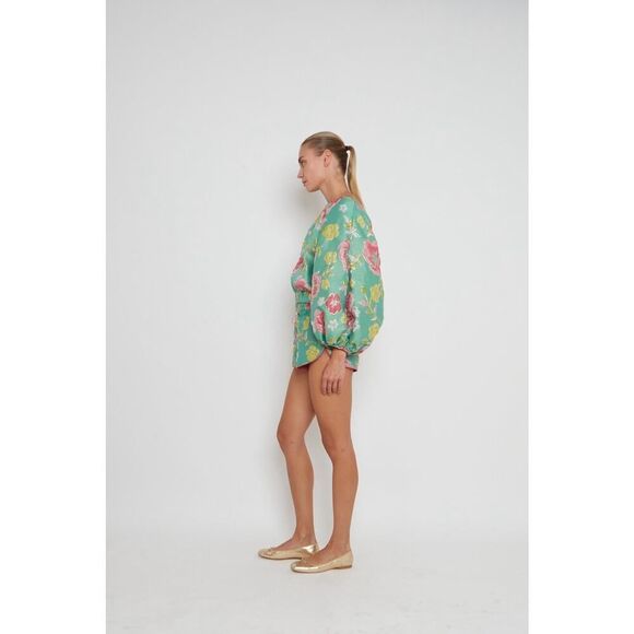 Arianne Elmy Green Good Luck Floral Embroidered Puff Sleeve Top Size S - Picture 5 of 15